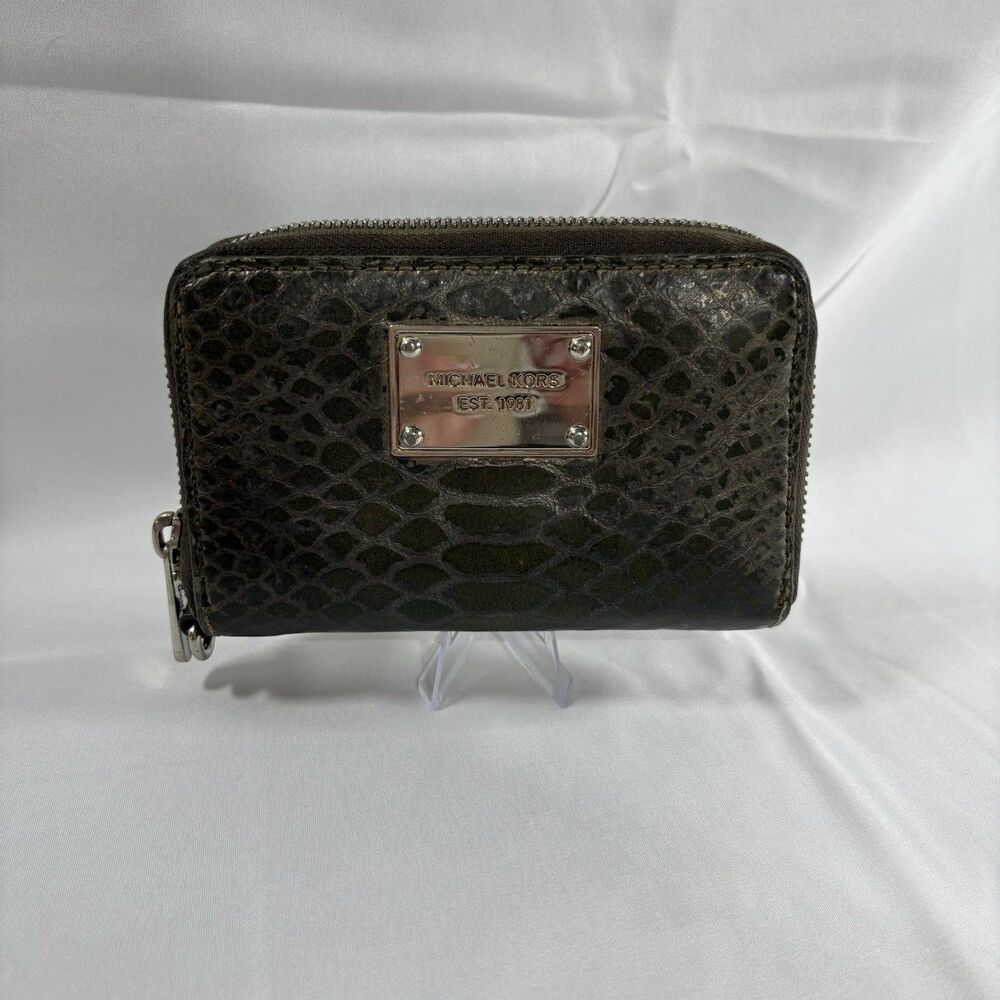 Womens Michael Kors Est. 1981 Snake Embossed Zip Around Wallet Green Silver